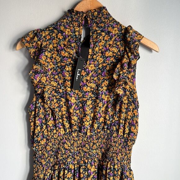 NEW lulus Evalina Mustard Yellow Floral Print Mock Neck Midi Dress - Picture 8 of 12